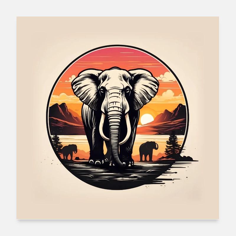 Éléphant au bord de la rivière au coucher du soleil Poster 60 x 60 cm