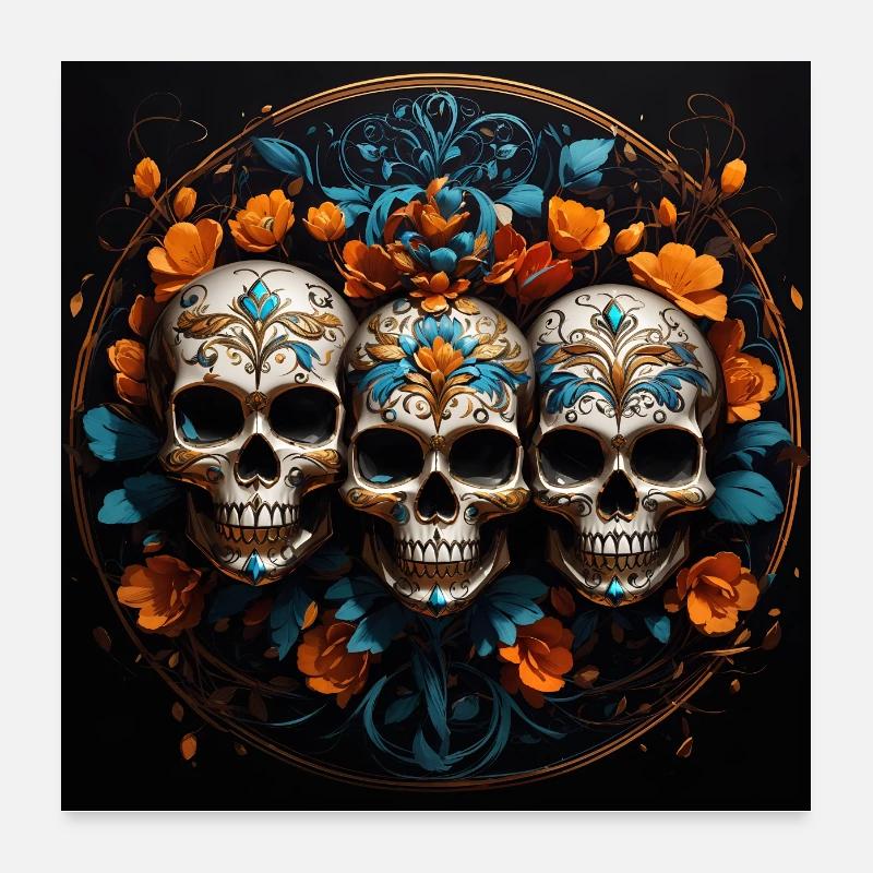 Trois crânes décoratifs avec des fleurs et des ornements Poster 60 x 60 cm