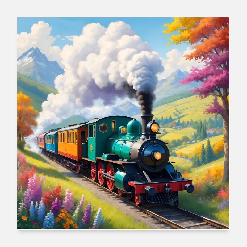 Bunte Eisenbahn mit qualmender Dampflok Poster 60x60 cm