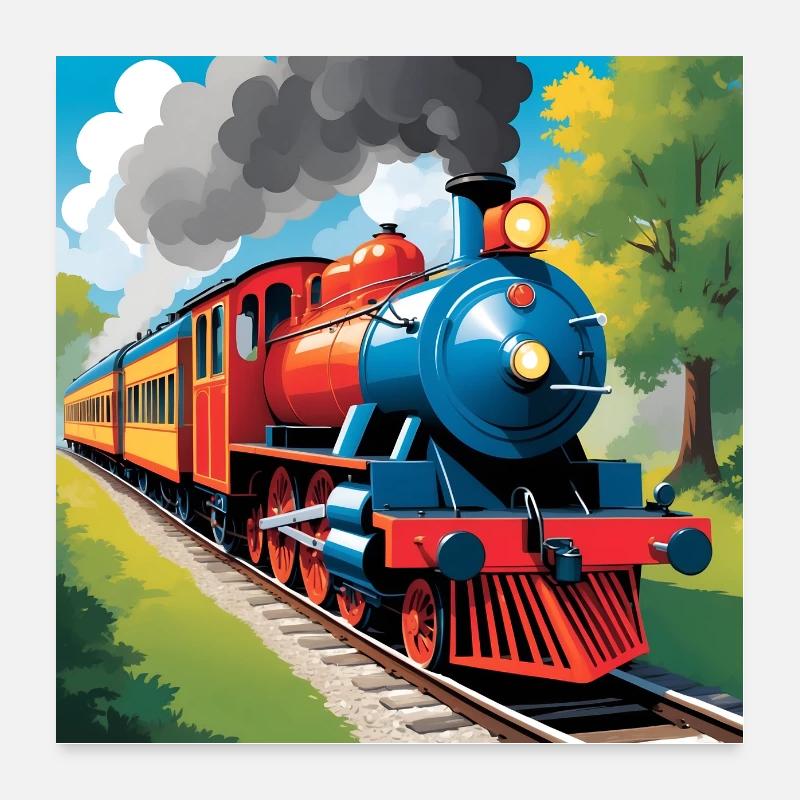 Bunte Eisenbahn mit rauchender Dampflokomotive Poster 60x60 cm