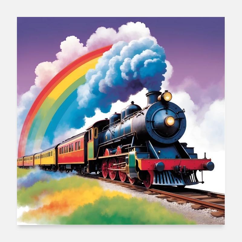 Bunte Eisenbahn mit rauchender Dampflok Poster 60x60 cm