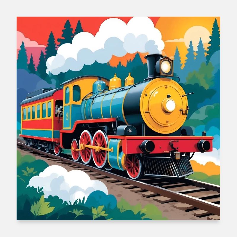 Bunte Eisenbahn mit rauchender Dampflokomotive Poster 60x60 cm