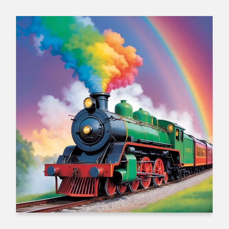 Bunter Eisenbahnzug mit qualmender Dampflok Poster 60x60 cm