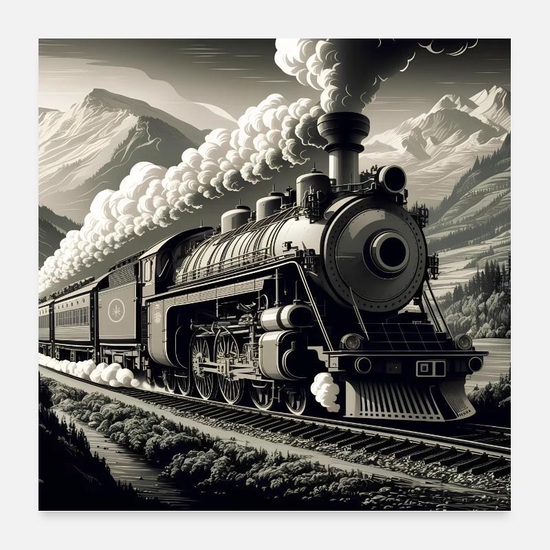 Große schwere Dampflok zieht einen Eisenbahnzug Poster 60x60 cm