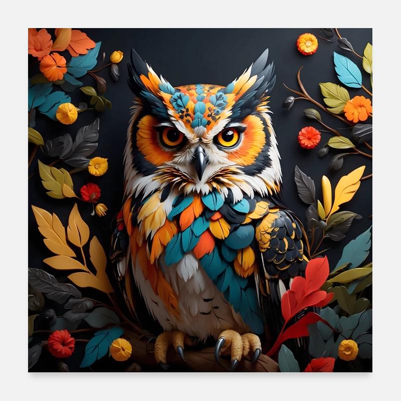 Buntes Eulenportrait mit bunten Blättern Poster 60x60 cm