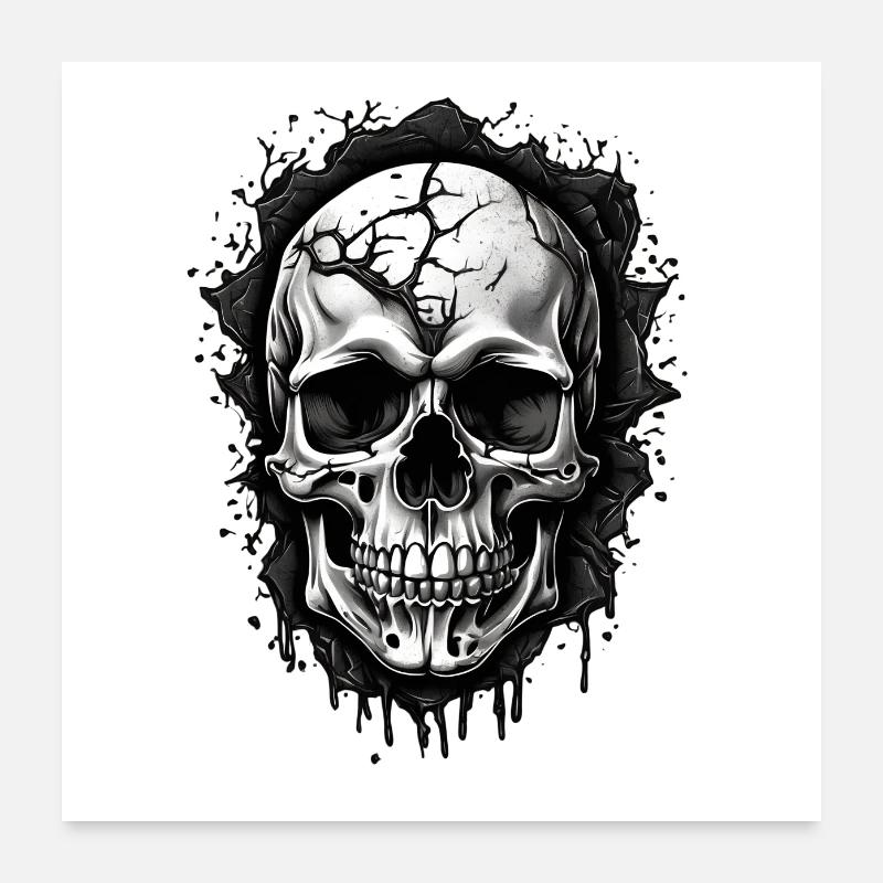 Grau Schwarzer Schädel auf schwarzen Klecksen - Poster 60x60 cm - Weiß