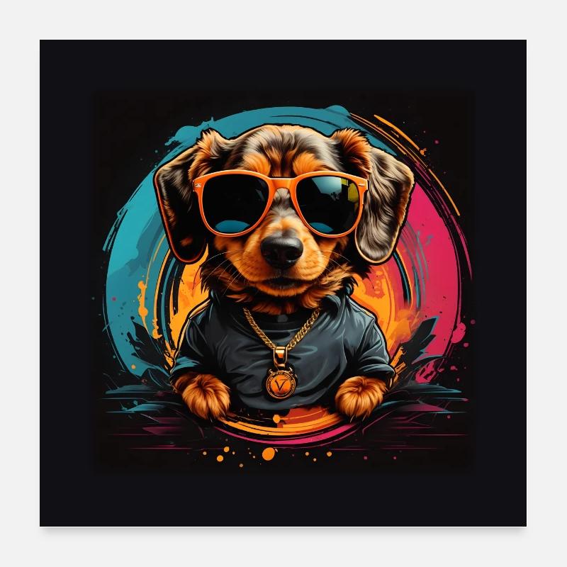 Cooler Dackel mit Sonnenbrille im Farbkreis Poster 60x60 cm