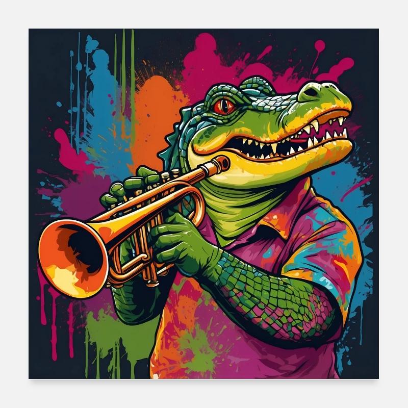 Cool crocodile jouant de la trompette Poster 60 x 60 cm