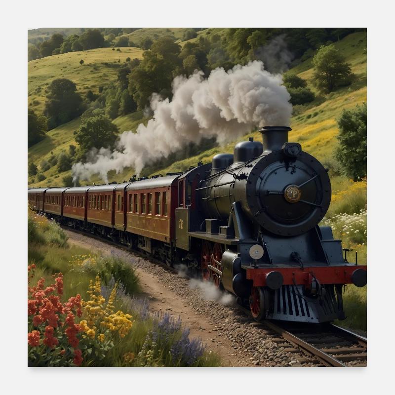 Nostalgische qualmende Dampflokomotive mit Waggons Poster 60x60 cm