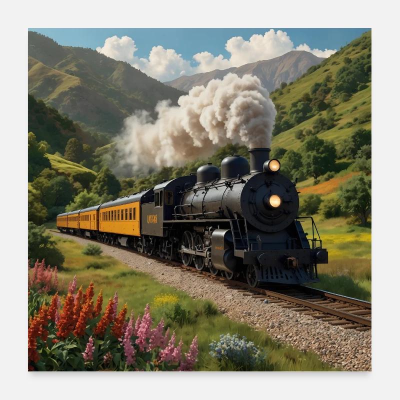 Nostalgische qualmende Dampflokomotive mit Waggons Poster 60x60 cm