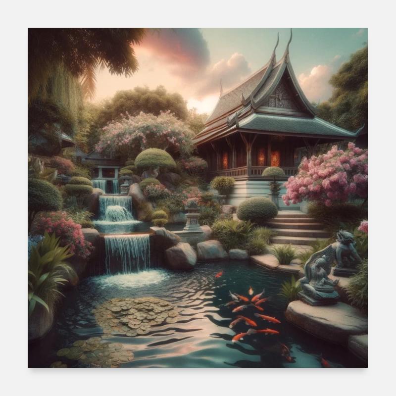 Japan Vintage Wasserfall Garten Poster 60x60 cm