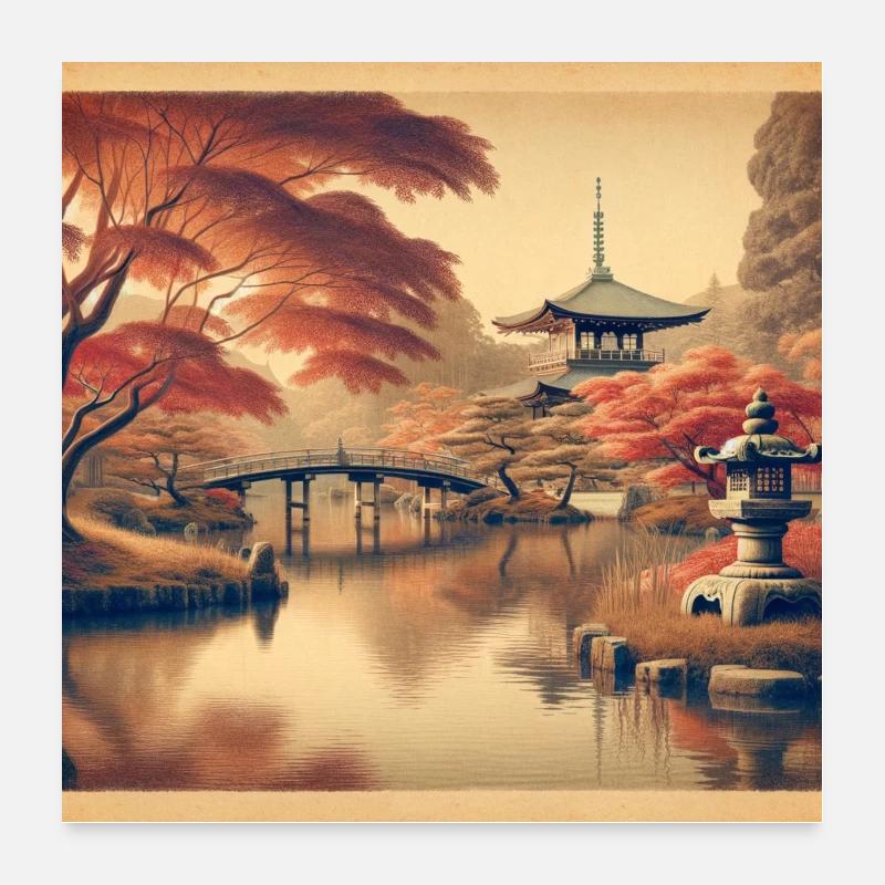 Japan Vintage Teich Abend Poster 60x60 cm