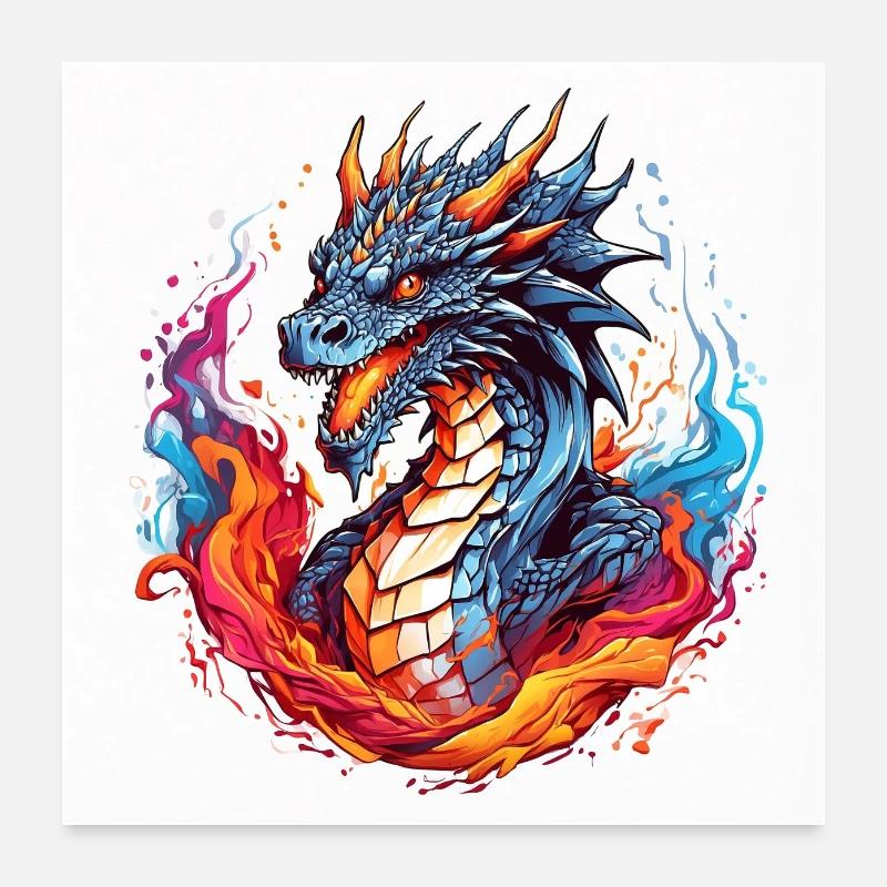Cooler feuriger Drache auf Farbklecksen Poster 60x60 cm
