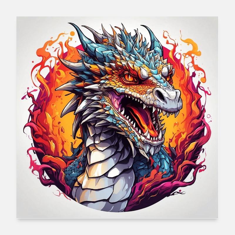 Dragon de feu cool sur des éclaboussures de roue chromatique Poster 60 x 60 cm