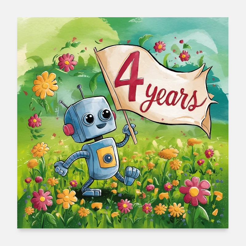4 ans petit robot mignon dans la prairie fleurie Poster 60 x 60 cm