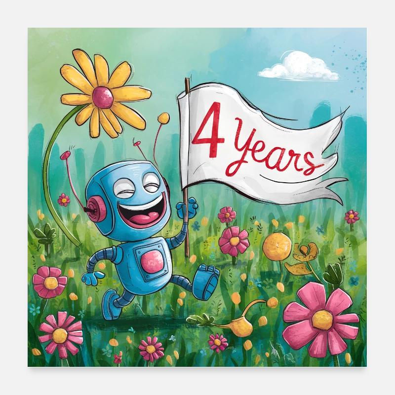 4 years, 4th birthday robot on flower meadow Poster 24" x 24" (60x60 cm)