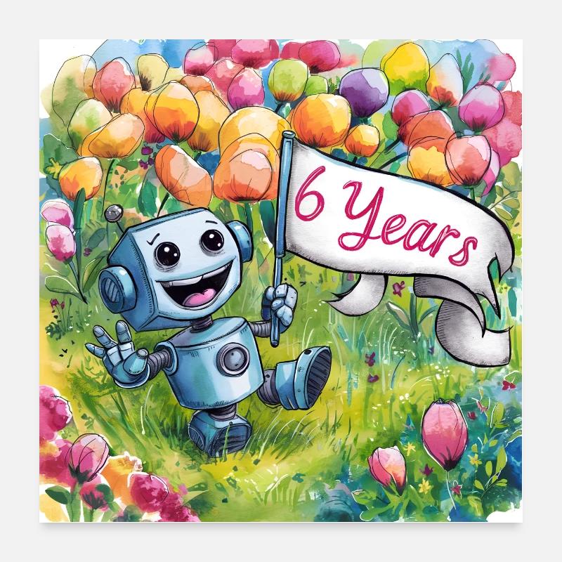6 ans, 6e anniversaire robot sur prairie fleurie Poster 60 x 60 cm