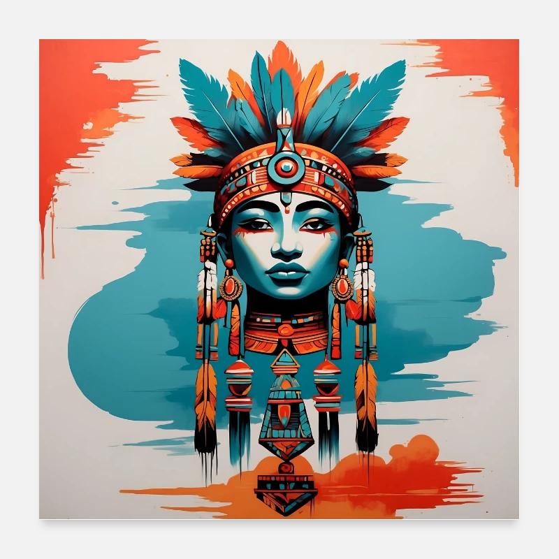 Ritratto variopinto azteco Inca Maya con piume Poster 60x60 cm