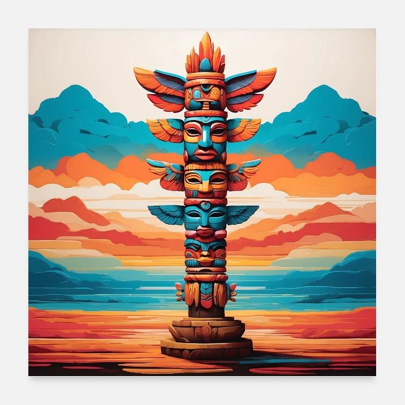 Maschere Maya, Inca, Azteche e figurine colorate Poster 60x60 cm
