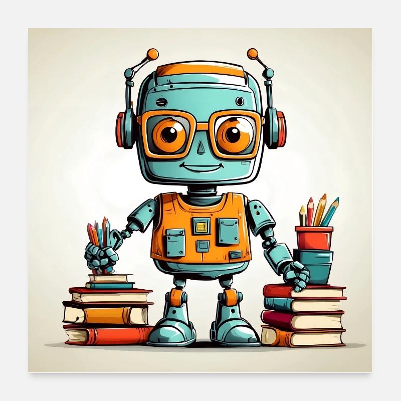 Piccolo robot con un sacco di libri Poster 60x60 cm