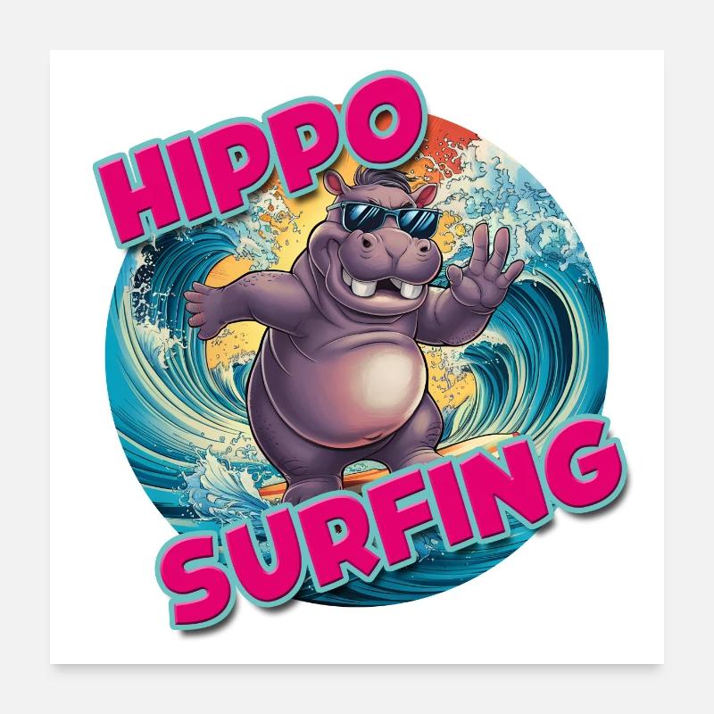 hippopotame surfant hippopotame drôle cool élégant Poster 60 x 60 cm