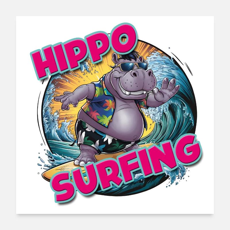 hippopotame surfant hippopotame drôle cool élégant Poster 60 x 60 cm