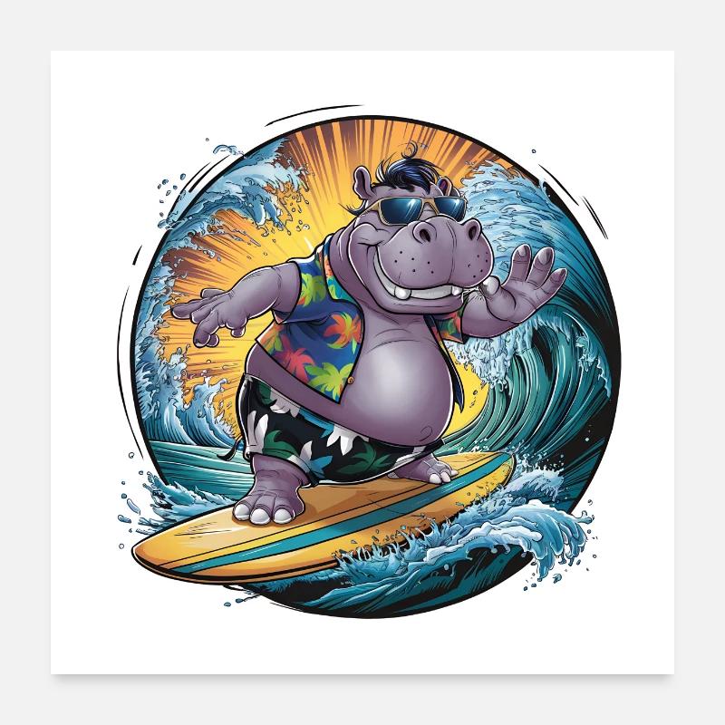 hippopotame surfant hippopotame drôle cool élégant Poster 60 x 60 cm