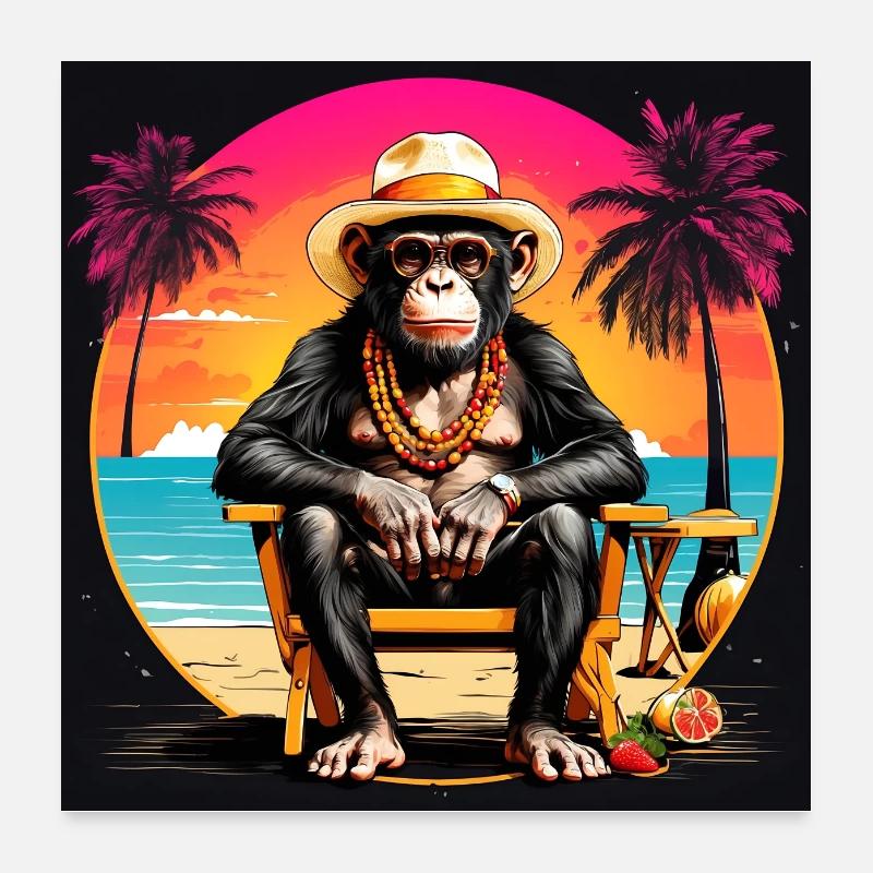 Chimpanzé cool avec des lunettes de soleil sur la plage Poster 60 x 60 cm
