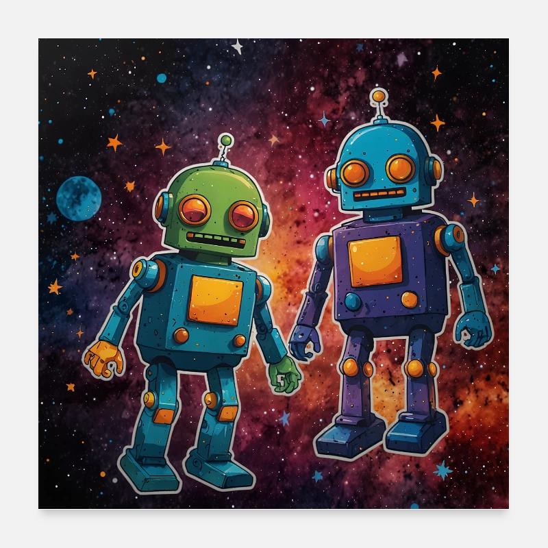Zwei verliebte Roboter unter dem Sternenhimmel Poster 60x60 cm