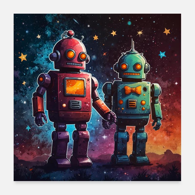 Zwei verliebte Roboter unter dem Sternenhimmel Poster 60x60 cm