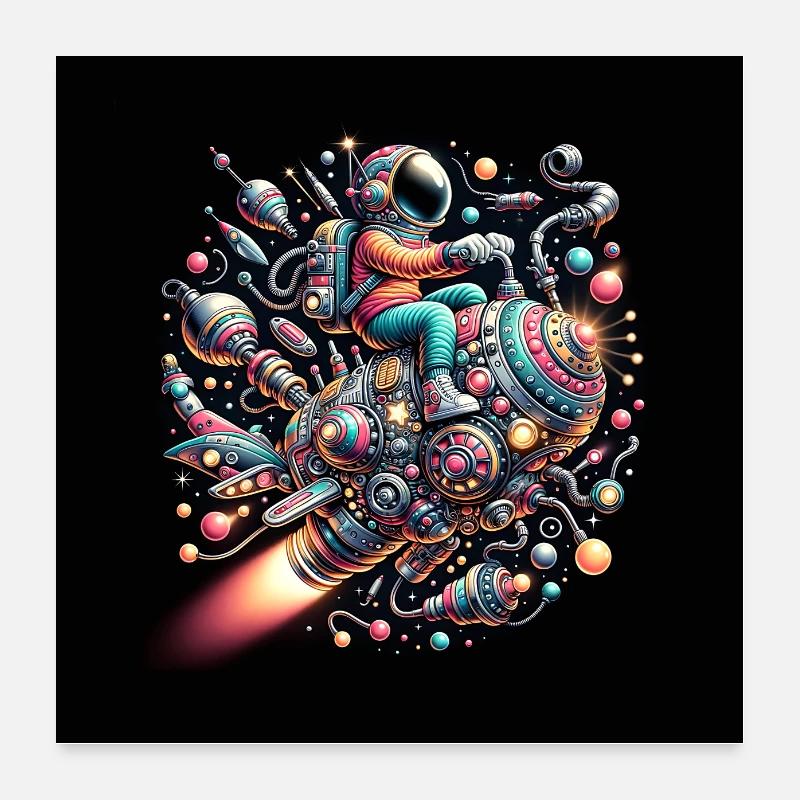 Homme de l’espace dans un vaisseau spatial décoré coloré Poster 60 x 60 cm