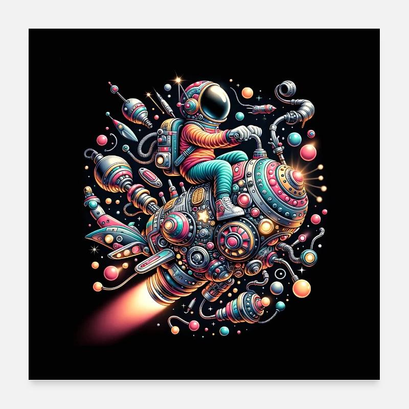 Raumfahrer in buntem verziertem Raumschiff Poster 60x60 cm