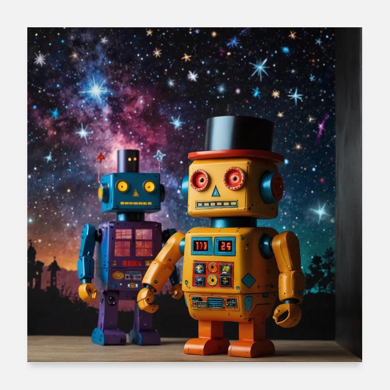 Two robots with cylinders under the stars Poster 24" x 24" (60x60 cm)