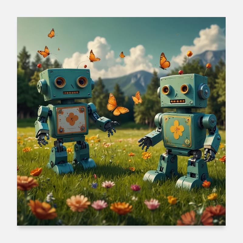 Deux robots dans la nature avec des fleurs Poster 60 x 60 cm