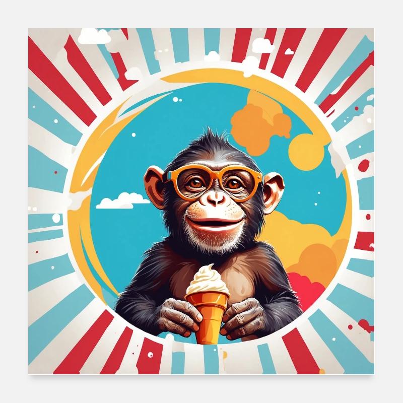 Drôle de petit chimpanzé avec un cornet de crème glacée Poster 60 x 60 cm