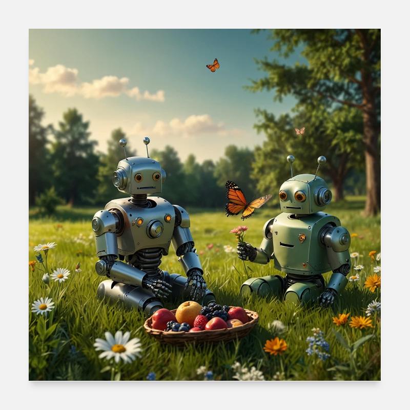 Deux robots dans la nature avec des fleurs Poster 60 x 60 cm