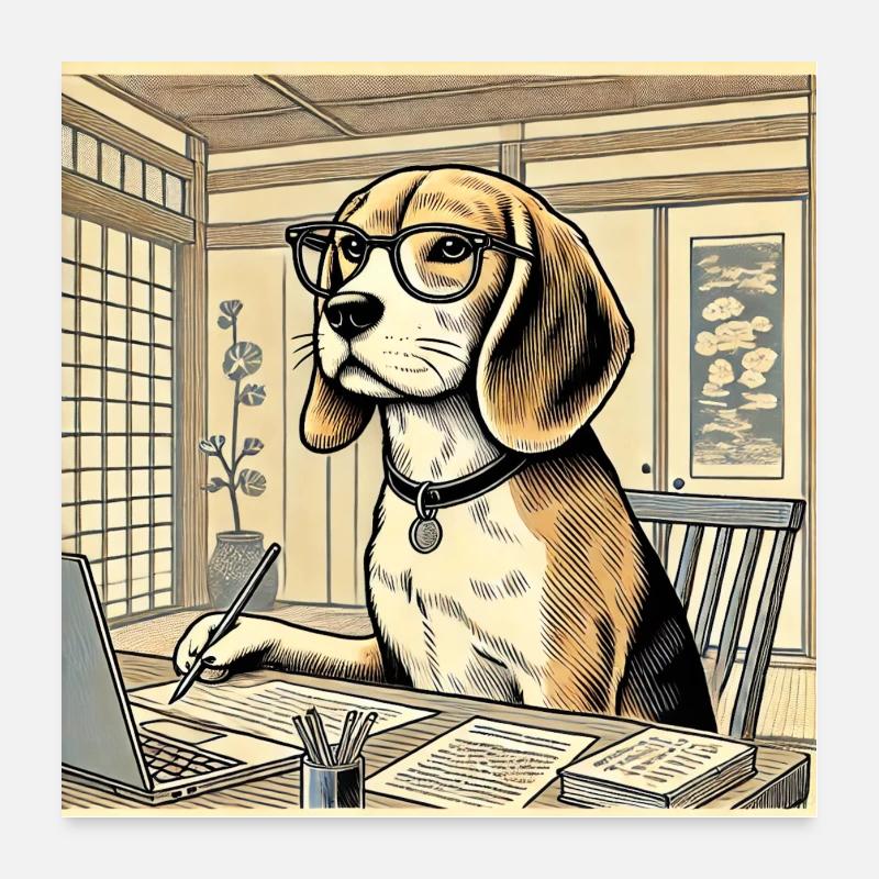 Beagle au bureau - style ukiyo-e Poster 60 x 60 cm
