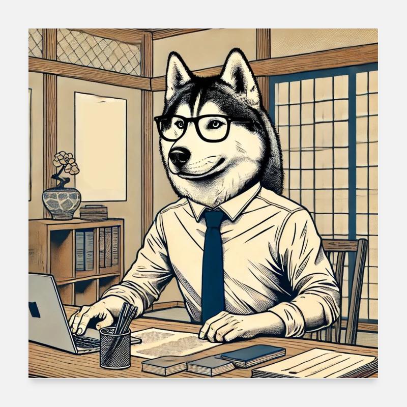 Husky au bureau - Ukiyo-e Style Poster 60 x 60 cm