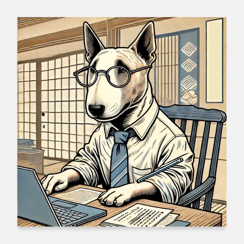 Bull Terrier at the Desk - Ukiyo-e Style Poster 24" x 24" (60x60 cm)
