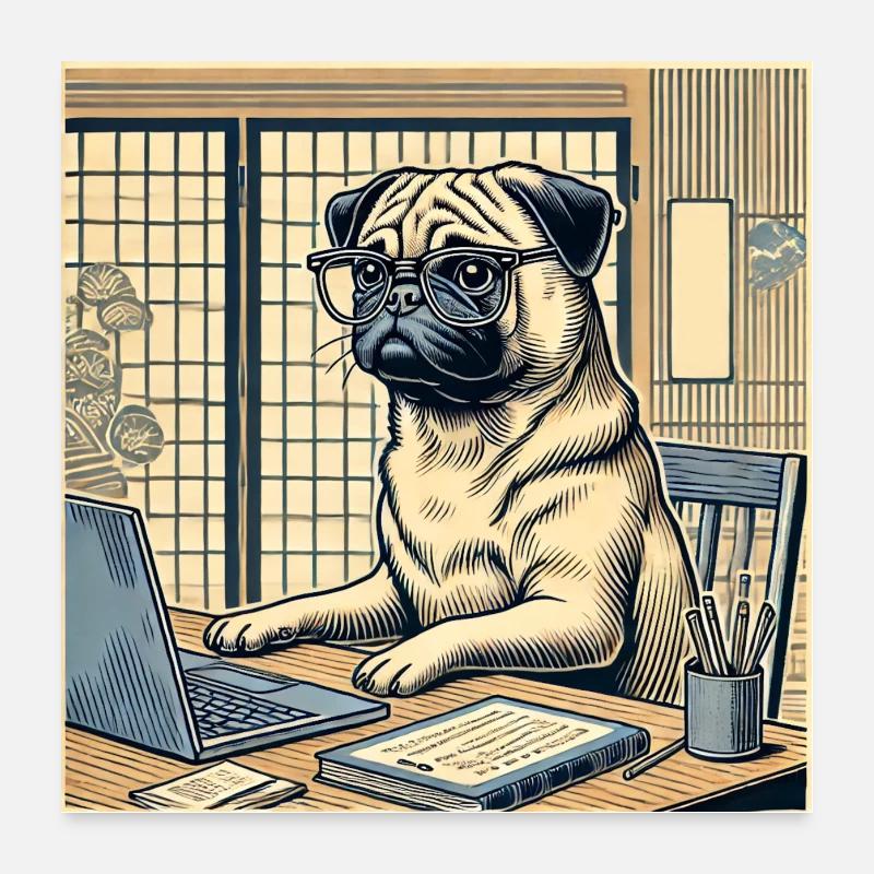 Japan Ukijo e Stil Schreibtisch Mops Poster 60x60 cm