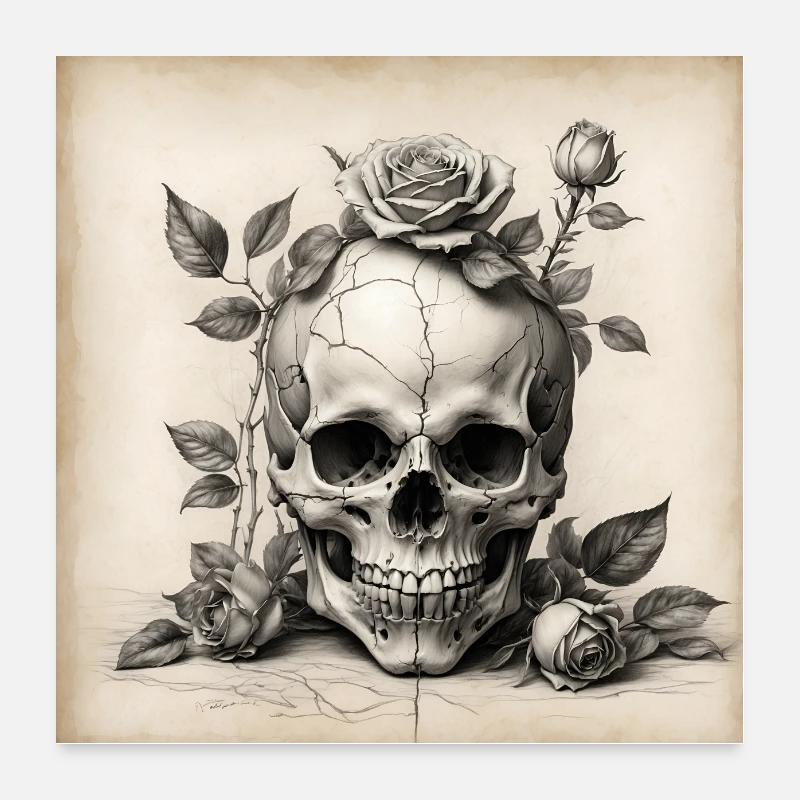 Crâne pâle altéré avec roses roses vignes Poster 60 x 60 cm