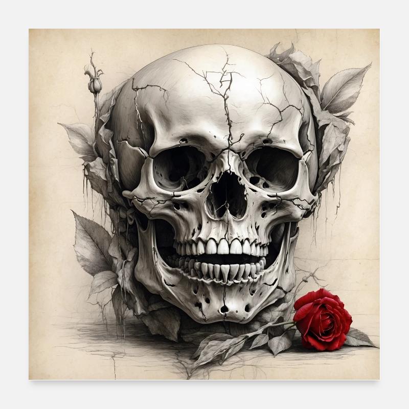 Weathered Pale Skull with Red Roses Poster 24" x 24" (60x60 cm)