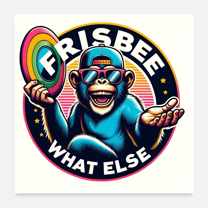 Schimpanse mit Sonnebrille, Basecap und Frisbee Poster 60x60 cm