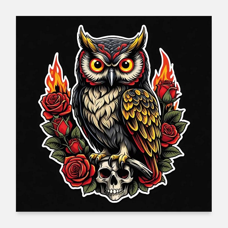 Dekorative Eule mit Rosenblüten und Skull Poster 60x60 cm