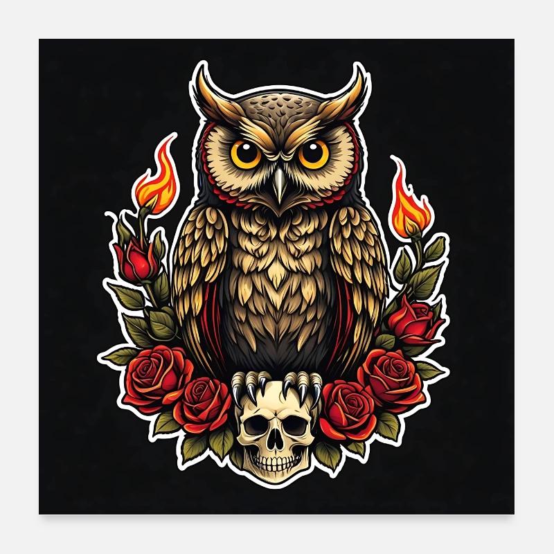 Dekorative Eule mit Rosenblüten und Skull Poster 60x60 cm