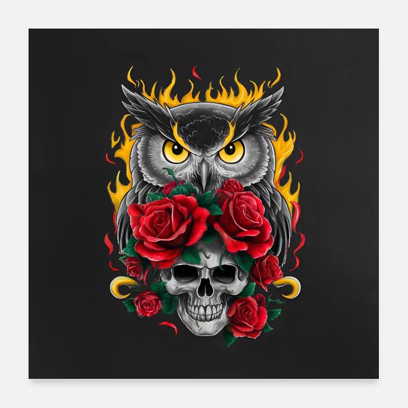 Unheimliche Eule mit Rosenblüten und Skull Poster 60x60 cm