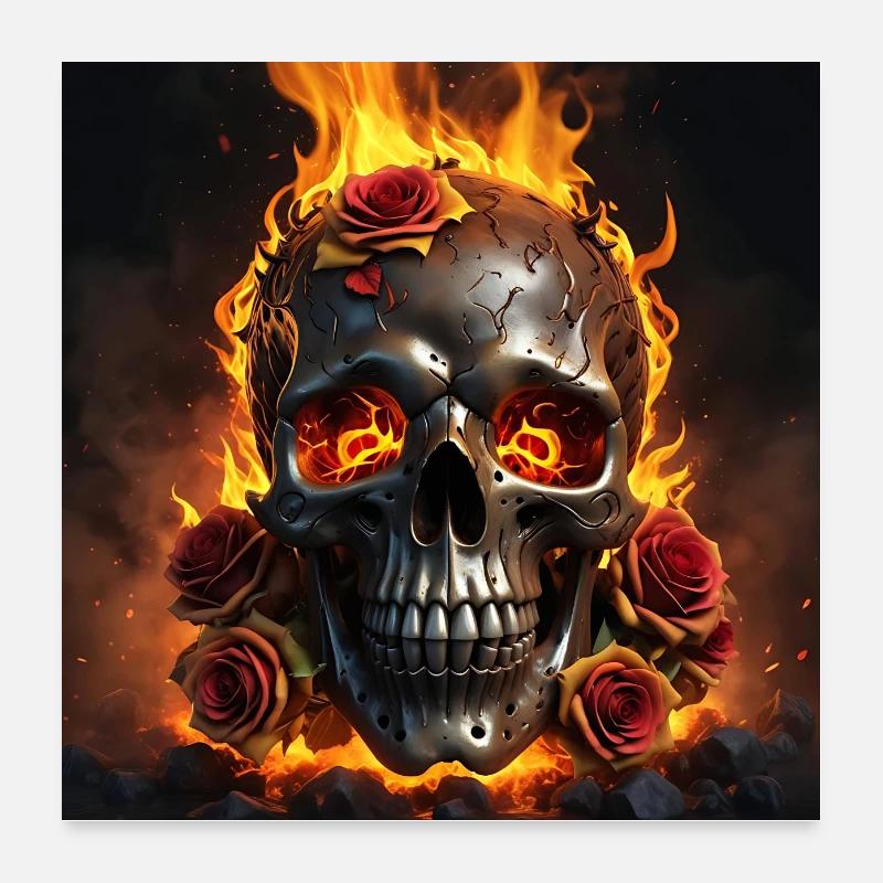 Crâne avec du feu et des roses rouges Crâne ardent Poster 60 x 60 cm