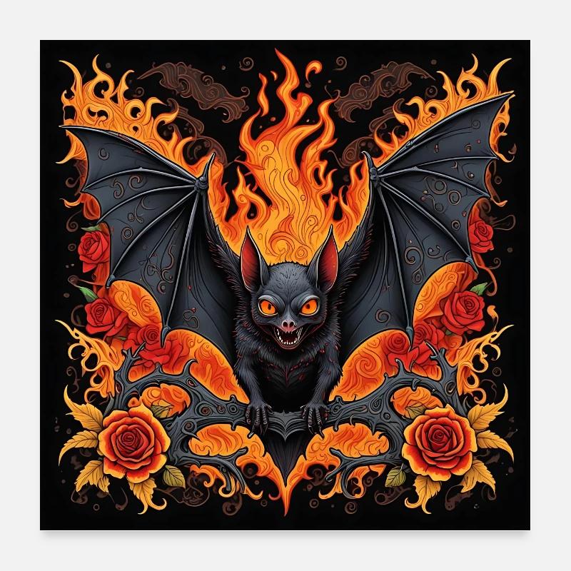 Bat and Fire Burning Bat Poster 24" x 24" (60x60 cm)