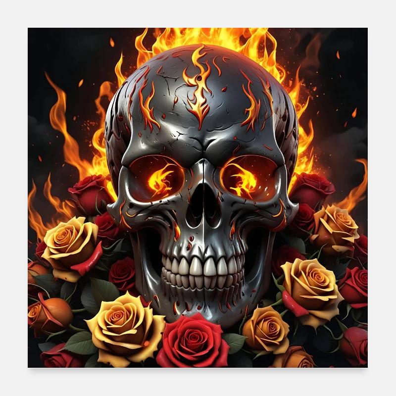 Crâne avec du feu et des roses rouges Crâne ardent Poster 60 x 60 cm