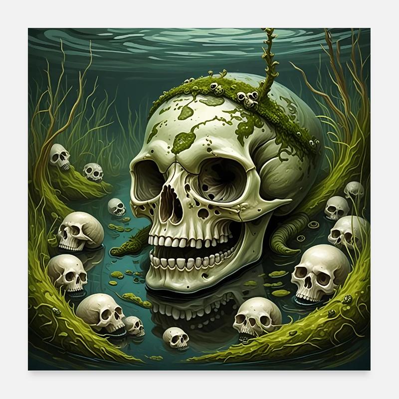 Crâne avec des algues sous l’eau avec de petites godilles Poster 60 x 60 cm
